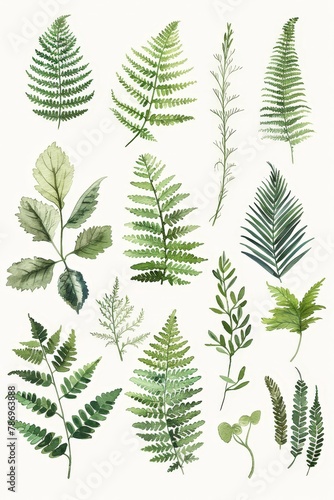 Ancient leaves and ferns, a watercolor journey through time, vintage style illustrations for a magical journal,watercolor greenery illustrations, featuring various leaves and ferns.