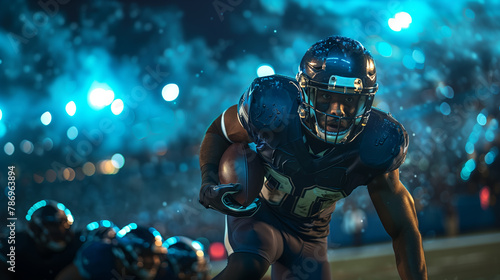 An American football player in action on a blue bokeh background, depicting the intensity of sports. Generative AI