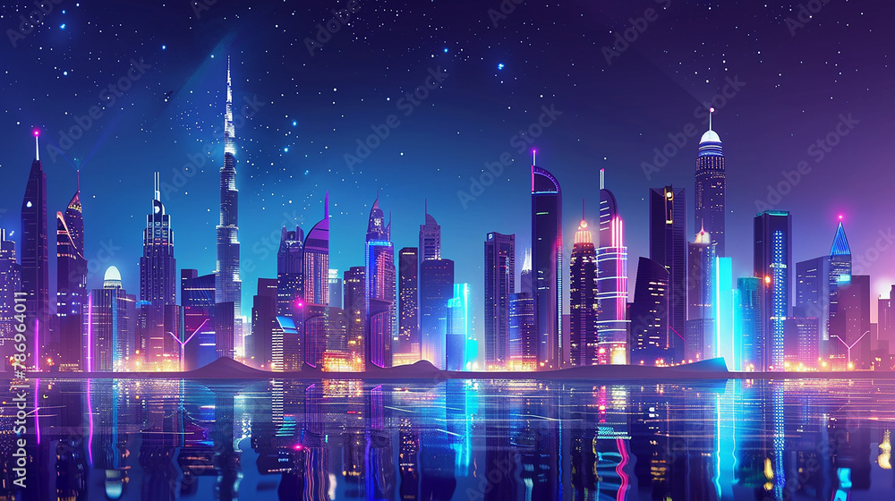 A purple and blue illustration of a futuristic cityscape at night with skyscrapers and lights reflecting off of water in the foreground.

