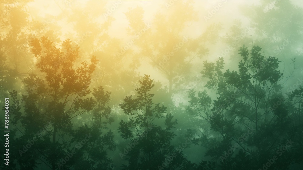Naklejka premium Mystical Forest in Fog, Sunlit Trees and Greenery, Ethereal Woodland Scene