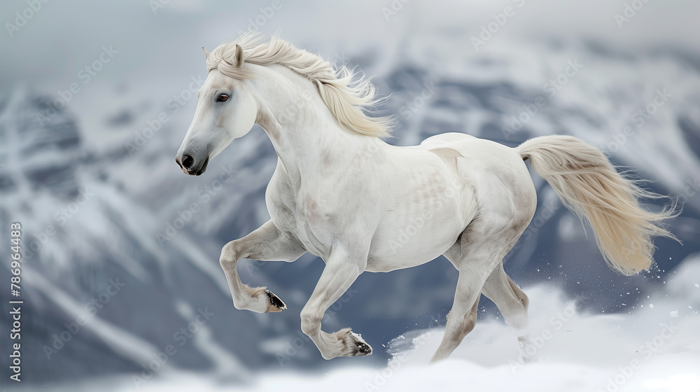 A white horse galloping in the snow with a mountainous backdrop, conveying a sense of freedom and power. Generative AI A white horse galloping in the snow with a mountainous backdrop, conveying a sense of freedom and power. Generative AI
