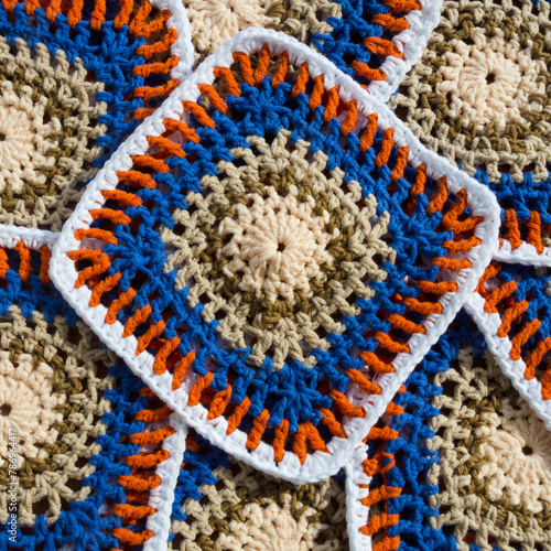 Colorful cotton granny square. Crochet texture close up photo. © Natalia