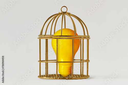 Yellow light bulb in bird cage on white background - Concept of mind and freedom © calypso77