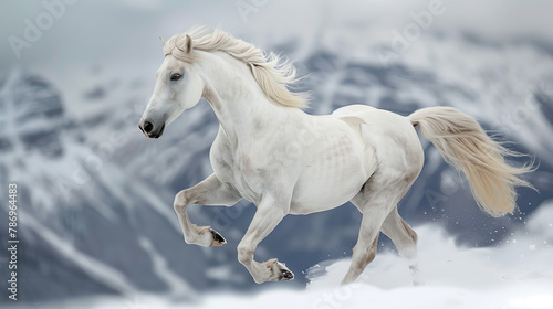 A white horse galloping in the snow with a mountainous backdrop  conveying a sense of freedom and power. Generative AI
