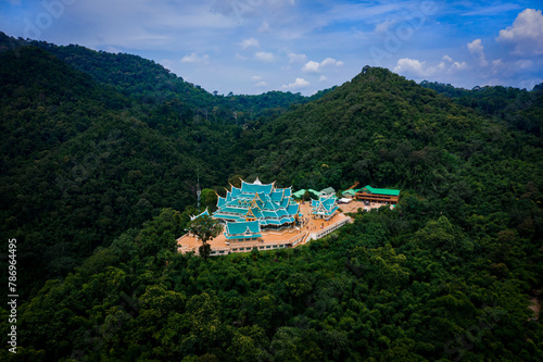Aerial view of Wat Pa Phu Kon located in the middle of nature, surrounded by mountains in Udonthani,Thailand photo
