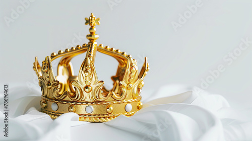 A golden crown with pearls sits on a white surface