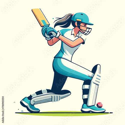 illustration of a female cricket athlete ready to hit a cricket ball with her bat