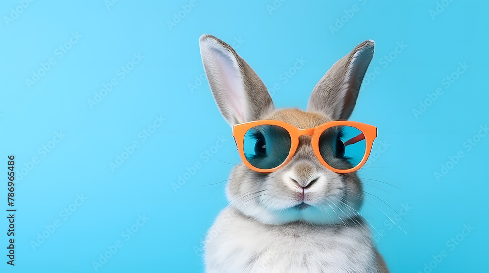 Closeup Cute Rabbit wearing sunglasses isolated on blue color backdrop with copy space for text 