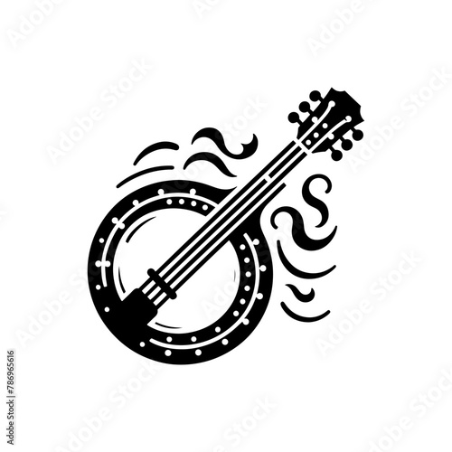 Rustic Rhythms: Black Vector Silhouette of a Banjo, Icon of Bluegrass and Folk Music- Banjo illustration- minimalist banjo vector silhouette.