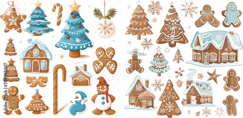 Christmas cookies new years bell, xmas tree, snowflakes and star, santa and snowman, gingerbread man and house set