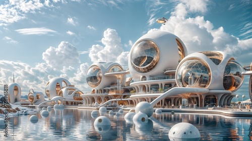 A fantastical Futuristic Architecture with fluffy white clouds on a bright blue sky, leaving space for your own summery adventure