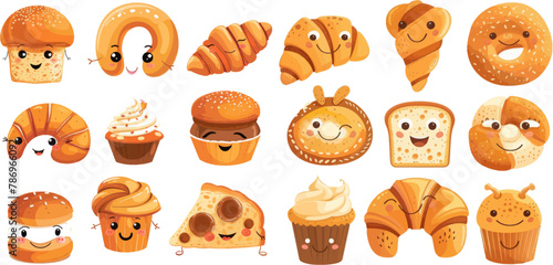 Funny cartoon bakery products, loaves, toasts and sweet pastry