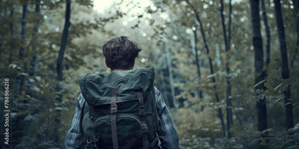 A person walking through a forest with a backpack. Suitable for outdoor and adventure themes