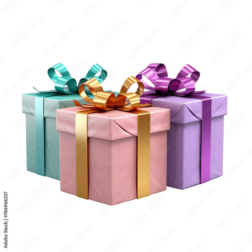 Obraz premium Beautifully wrapped gift boxes, gift boxes with vibrant ribbon, colorful multiple gift box on transparent background
