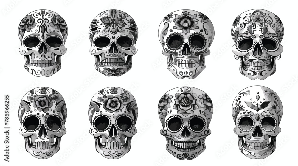 Set of six Sugar Skulls. Fancy skeleton heads. Four