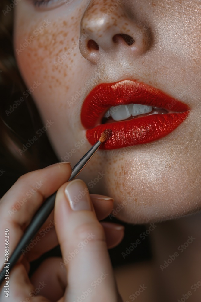 Obraz premium Close up of a person putting lipstick on her lips. Ideal for beauty and makeup concepts