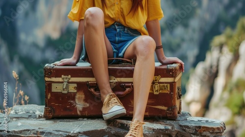 Fit female traveler in yellow shirt and blue shorts sitting on stone platform with vintage suitcase