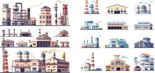 Factory buildings collection exterior manufacture, gas station and refinery, engineering chemical building illustration