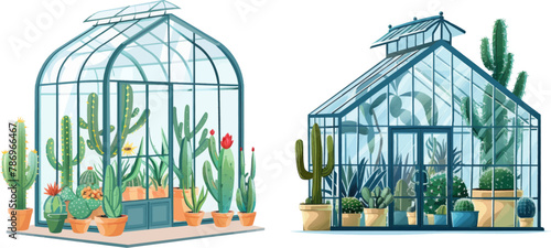 Glass botanical orangery house with cactus and tropical cultivated plants in pot