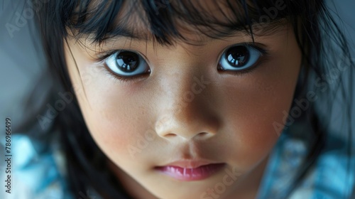Close up portrait of a young girl with striking blue eyes. Suitable for various projects and designs