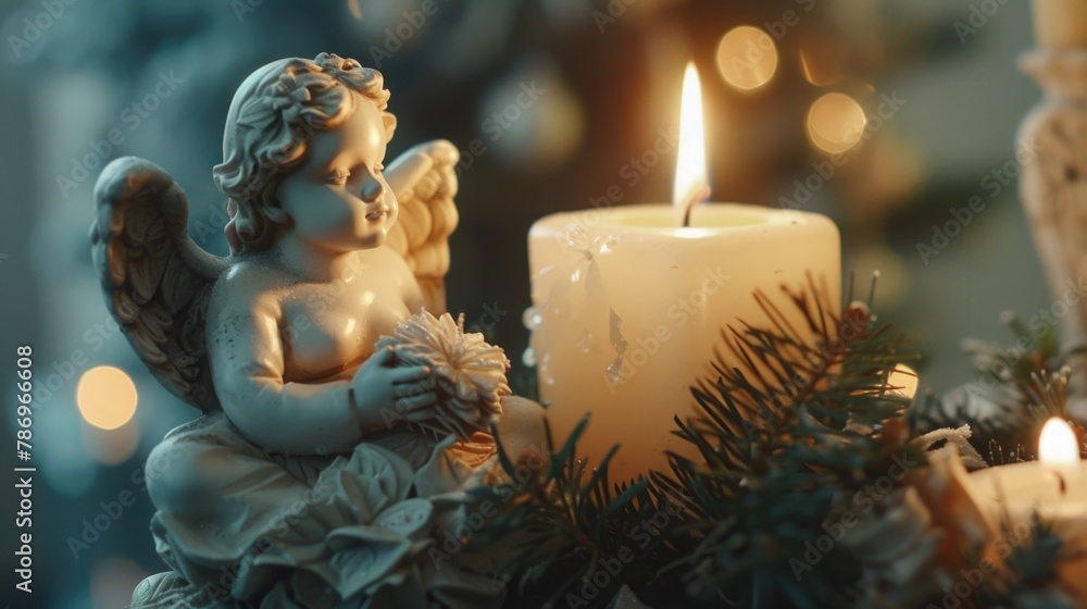 A peaceful scene with an angel figurine next to a candle. Suitable for religious or spiritual themes - obrazy, fototapety, plakaty 