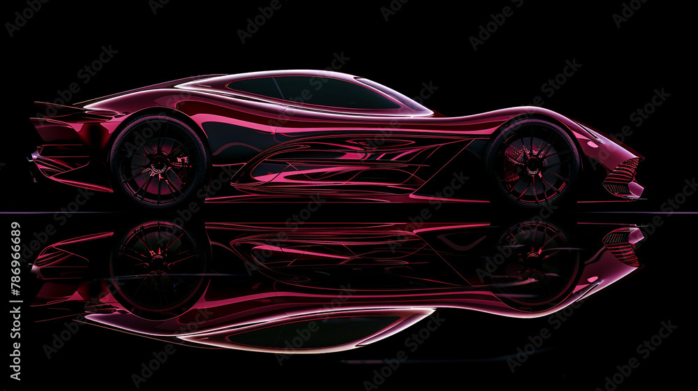 Sports car in abstract red and crimson hues races across a stark black backdrop.