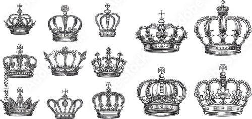  Luxury crowns sketch, queen or king coronation doodle and majestic princess tiara
