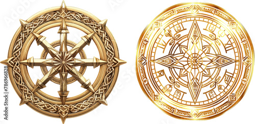 Golden esoteric ornament, norse compass amulet