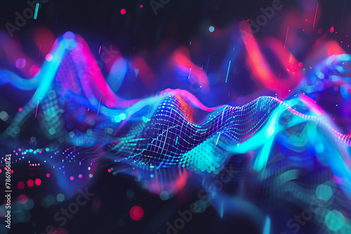 Flowing lines and geometric shapes with neon gradients and digital glitches,