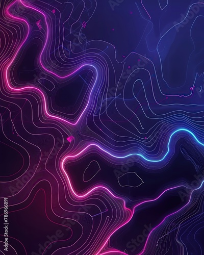 A glowing neon blue and pink topographic map. © sceneperfect