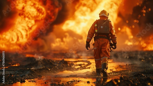 Oil rig worker clad in a flame-resistant suit, signaling alarm near a ruptured pipeline, intense flames visible, emphasizing imminent danger photo