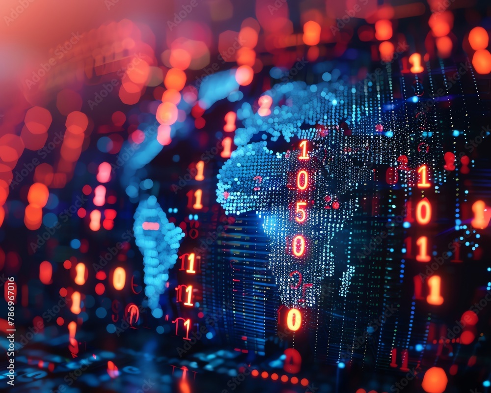 Vivid 3D image of digital stock numbers in freefall around a globe, representing global market volatility, isolated on a dark blue solid background Vivid 3D image of digital stock numbers in freefall around a globe, representing global market volatility, isolated on a dark blue solid background