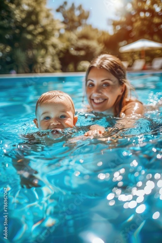 A woman and a child enjoying a swim in a pool. Perfect for summer activity promotions