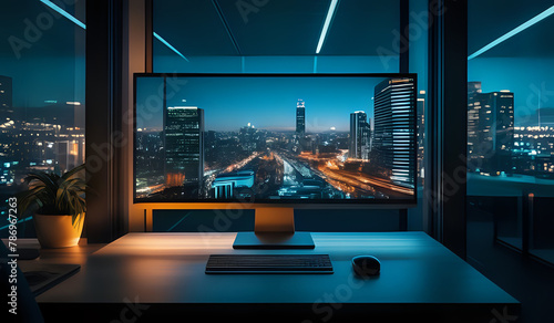 Modern office with desktop and computer monitor
