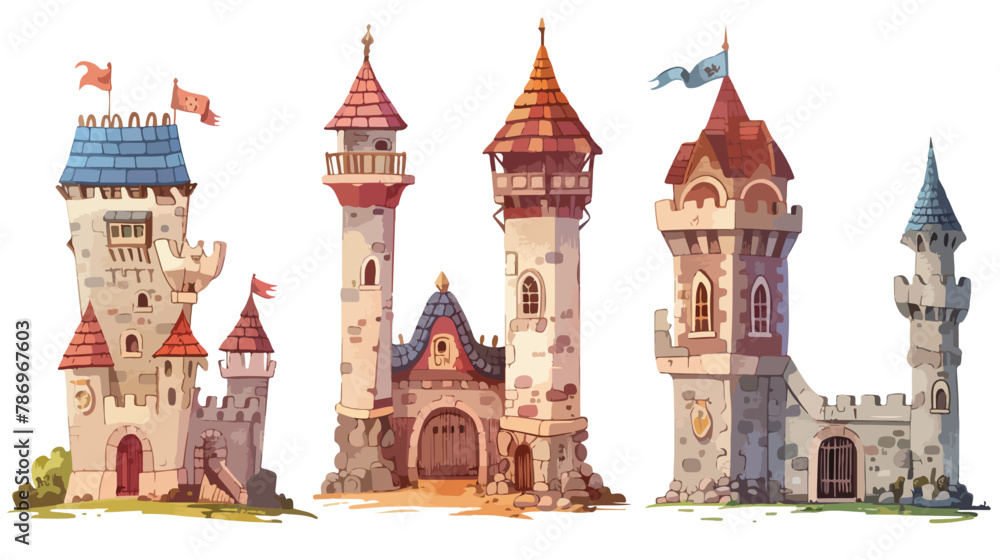 Set of three Medieval Castles. Royal kingdom towers
