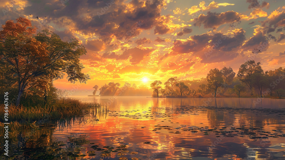 the breathtaking beauty of a sunrise over a tranquil lake in an AI-generated image, captured in high definition to showcase the vibrant colors and serene reflections dancing on the water's surface. the breathtaking beauty of a sunrise over a tranquil lake in an AI-generated image, captured in high definition to showcase the vibrant colors and serene reflections dancing on the water's surface.