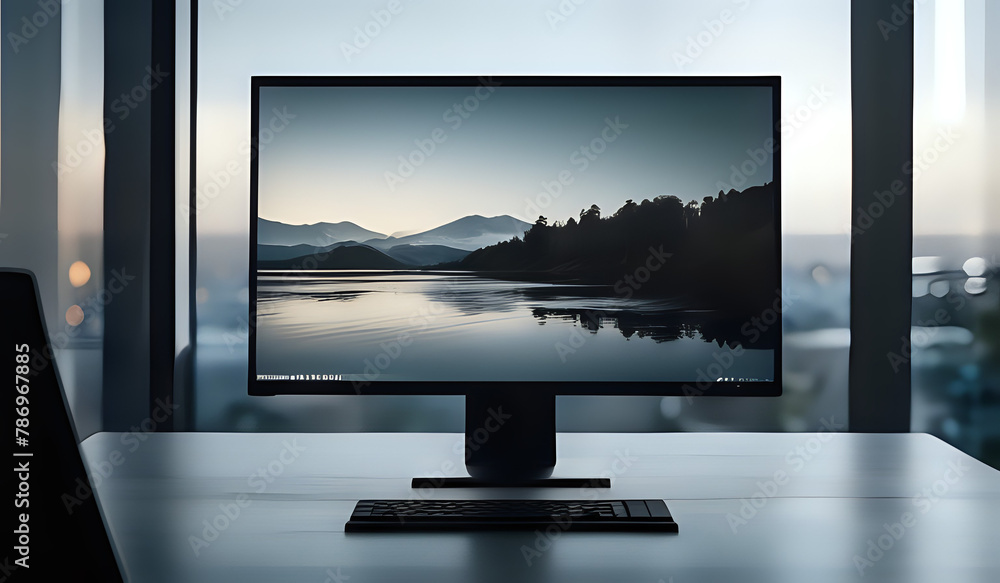 Fototapeta premium Modern office with desktop and computer monitor