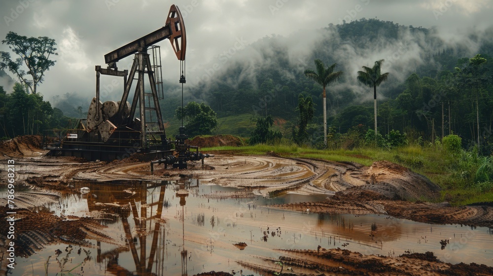 Industrial oil pump in a muddy field, suitable for energy industry concepts