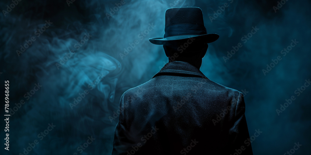 Mystery crime novel depiction of a fictional undercover detective agent in silhouette Mystery crime novel depiction of a fictional undercover detective agent in silhouette