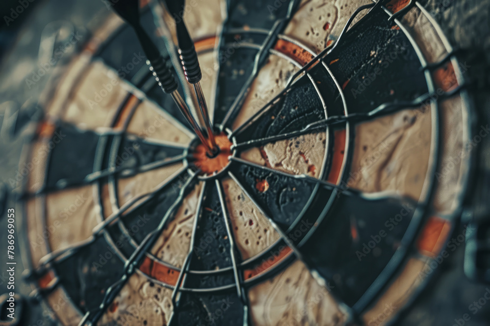 Dart hits bullseye on dartboard. Accurate hit in center on target Dart hits bullseye on dartboard. Accurate hit in center on target