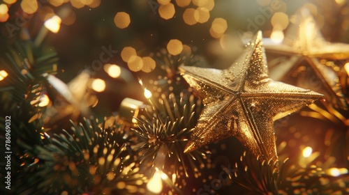 Festive gold star hanging from a Christmas tree, perfect for holiday decorations