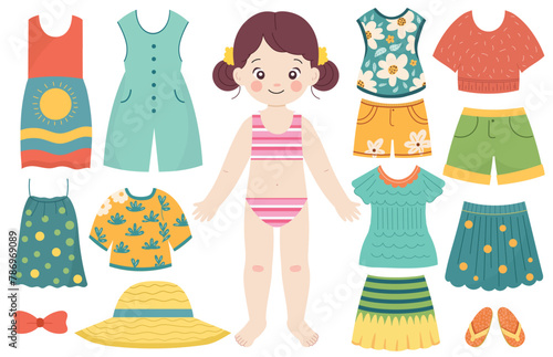 Dress up activity page for kids with a cute girl. Paper doll game. Put clothes on a little girl.Vector illustration