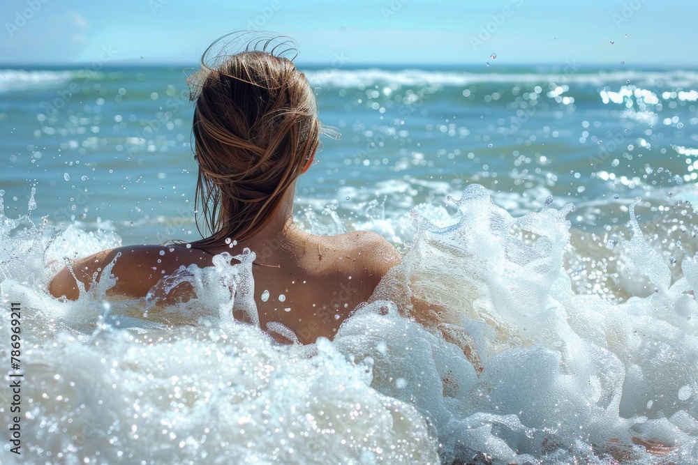 A woman standing in water with her back facing the camera. Ideal for lifestyle and wellness concepts