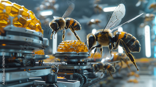 Robotic bees meticulously work on honeycombs in a revolutionary display of biomimicry and advanced automation in apiculture.