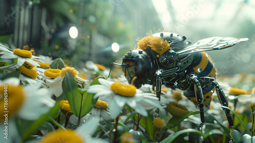 Close-up of a robotic bee amidst a field of white daisies, a vivid depiction of futuristic pollination technology at work. © Future For You