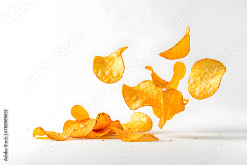 Potato chips fried falling in the air isolated on white background