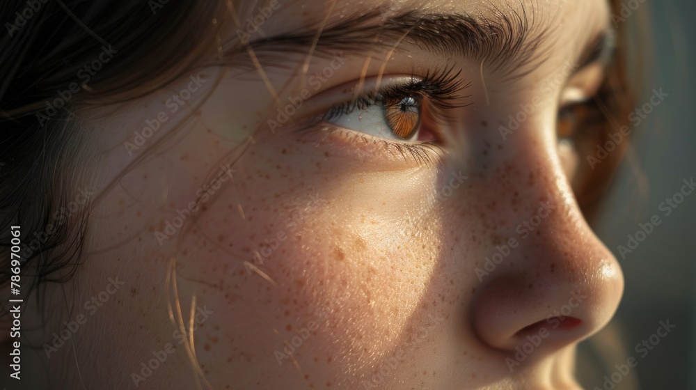 Close-up of a person with freckles. Suitable for beauty and skincare concepts