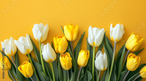 A bouquet of yellow and white tulips on a yellow background #786970083