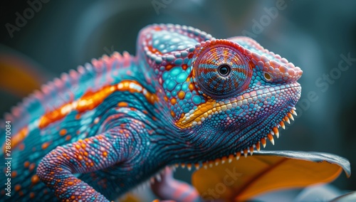 A colorful chameleon  a scaled reptile  perches on a leaf in closeup view