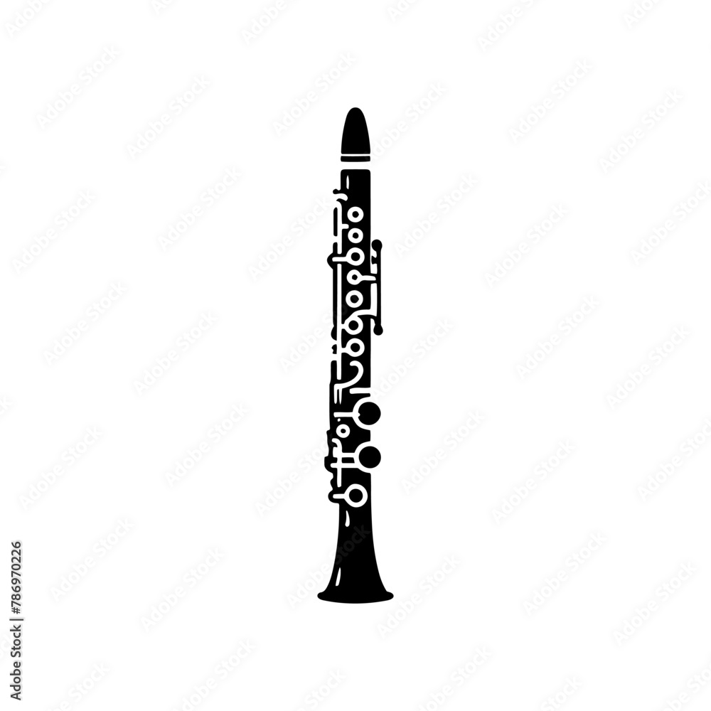 Smooth Melodies: Black Vector Silhouette of a Clarinet, Quintessence of Jazz and Classical Music- Clarinet Illustration- Clarinet vector stock.